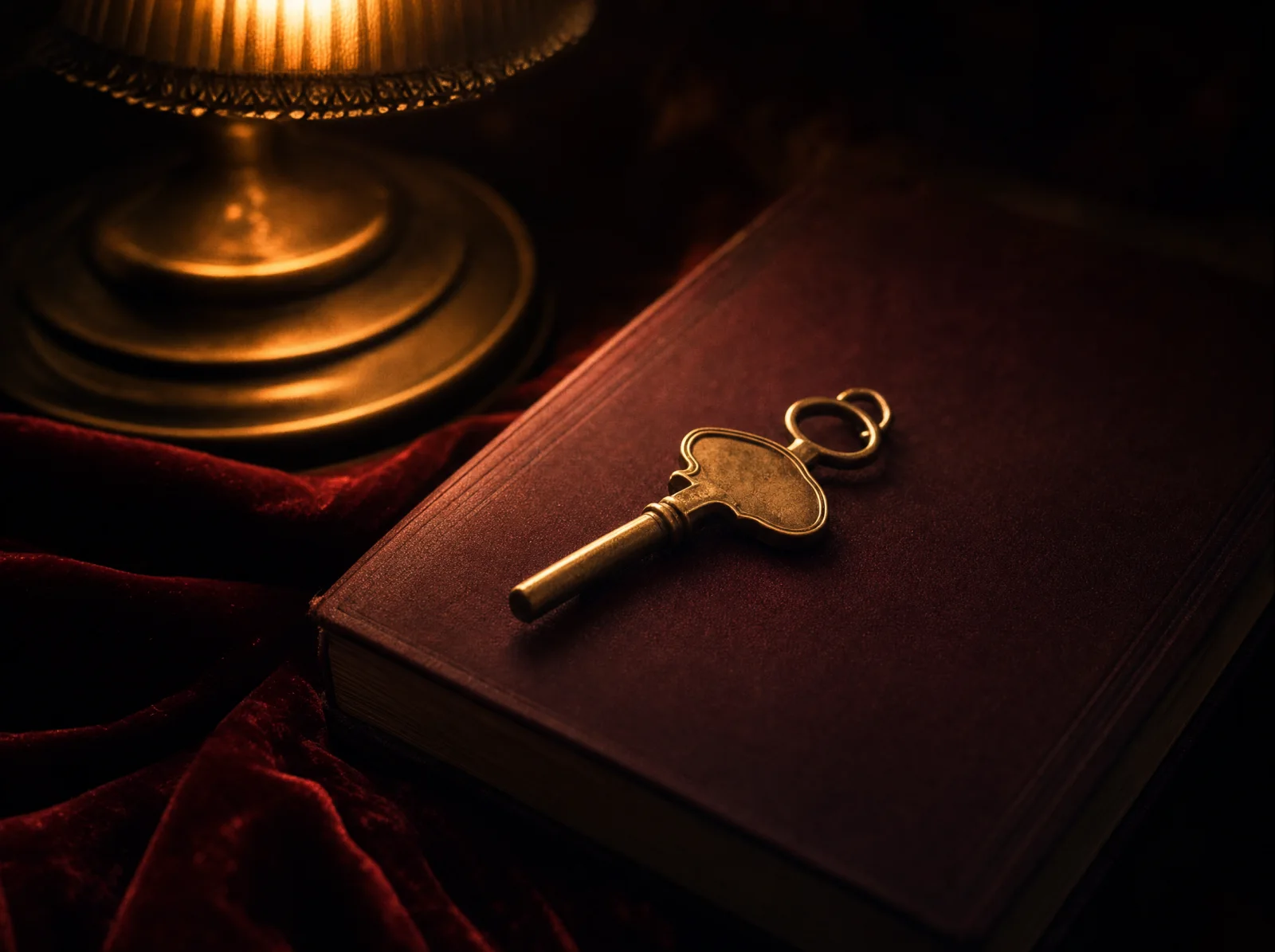Composição editorial com chave de quarto, livro e veludo carmim